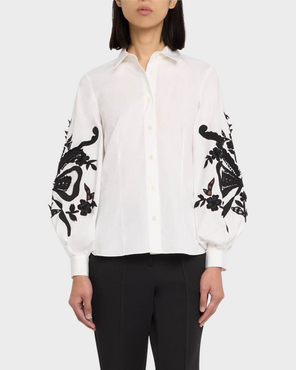 Embroidered Puff-Sleeve Button-Front Blouse